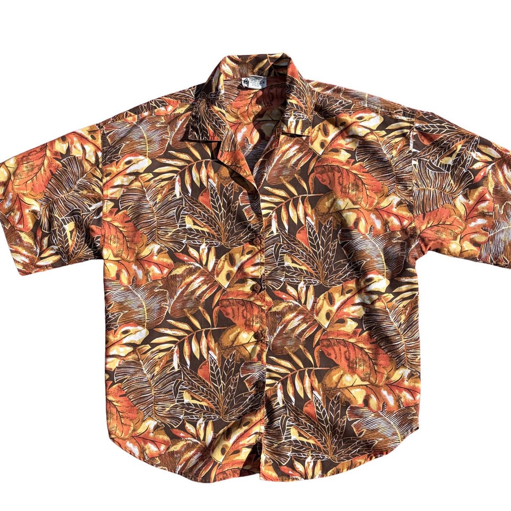 Vintage Caribou New York Mens Large Tropical Leaf Hawaiian Camp Shirt 80s 90s